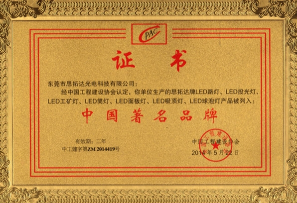 中國著名品牌證書